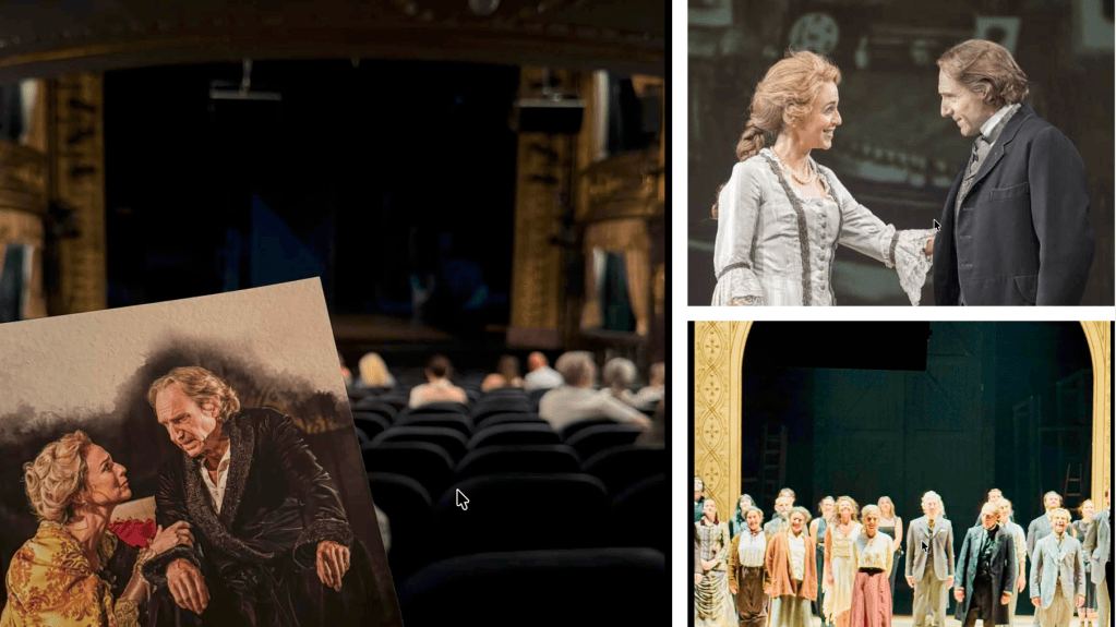 A theater scene showing an empty auditorium with audience members sitting in the background, featuring a painting of two characters in conversation in the foreground.