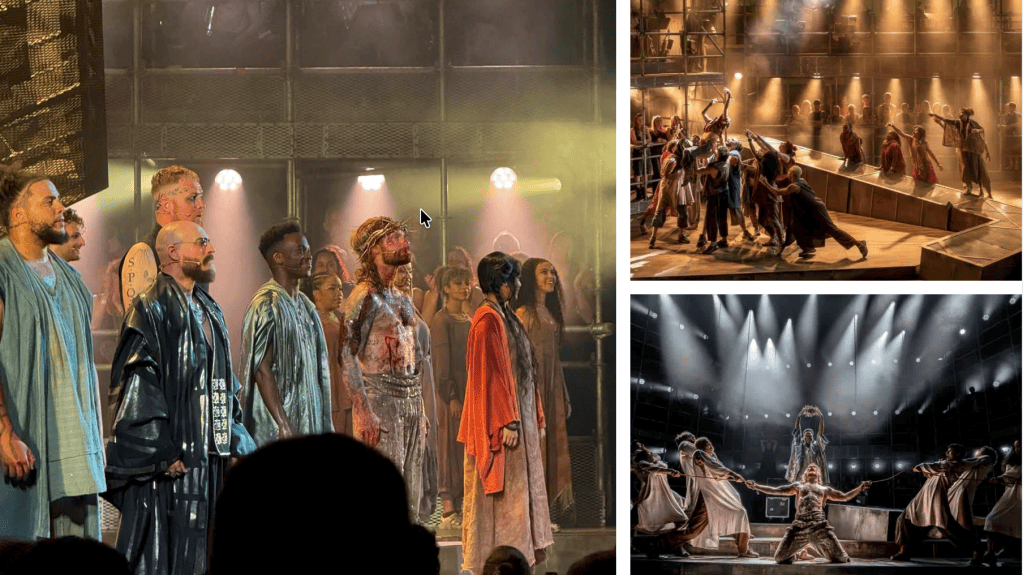 A cast of performers in elaborate costumes on stage, with dramatic lighting and expressions.