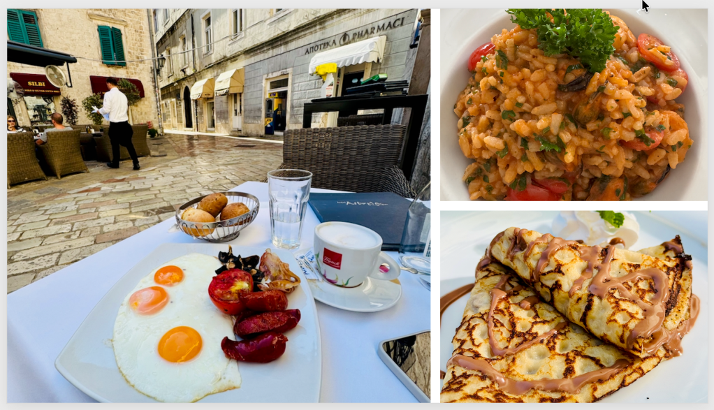 A picturesque outdoor café scene featuring a table with a plate of sunny-side-up eggs, sausage, and tomatoes, with a basket of bread rolls, a glass of water, and a coffee cup. In the background, a waiter walks past customers seated at a nearby table.
