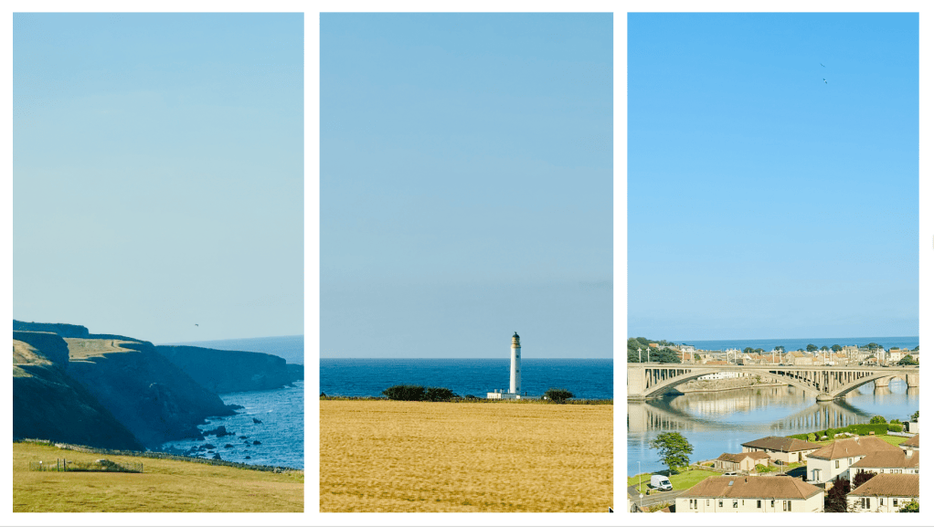 A scenic view of coastal cliffs with a blue ocean in the background.